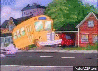 Gif of the cartoon Magic School Bus blasting off and taking the students on a field trip