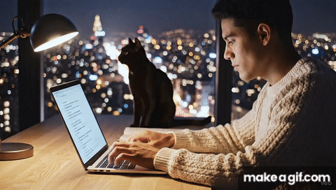 GIF animado de un video generado con inteligencia artificial de un joven escribiendo en su computadora portátil en su escritorio. Sobre el escritorio se encuentra un grato negro mirando la ventana de un ciudad nocturna.