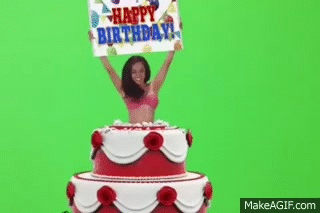 Happy birthday, girl jumps out of cake on Make a GIF