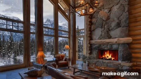 Winter Cozy Cabin in Snowfall Ambience with Crackling Fireplace