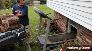 Man uses treadmill to move firewood into the house on Make a GIF