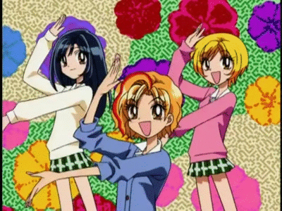 A gif of the super gals anime, featuring three anime girls dancing para para style
