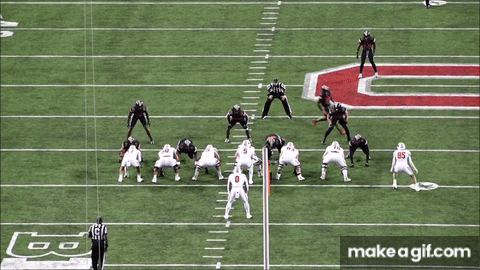 One area where Braelon Allen could improve is in pass-blocking. Here, he demonstrates poor form in overshooting an Ohio State defender who is able to quickly get by him and contribute to a forced, errant throw from the QB.