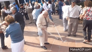 Anziano lancia via le stampelle per ballare on Make a GIF