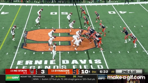 This play against N.C. State exemplifies the Sean Tucker Dynasty Fantasy Football Value experience by showcasing his ability to dance around heavy traffic and create a first down.