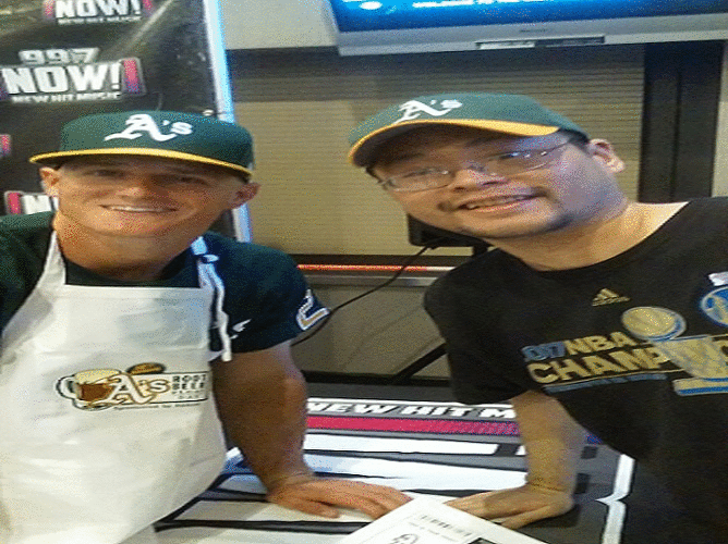 Matt Chapman & Leon Lee together at the Oakland A's Annual Root Beer Float  Day at The 997Now Booth at The Oakland Coliseum in Oakland,CA on July  18,2017 & Xfinity store by