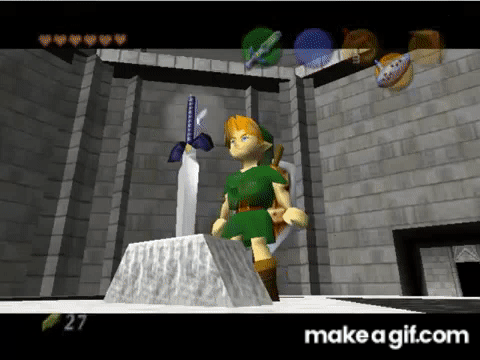 The Legend of Zelda: Ocarina of Time. Link pulling the Master Sword  animated gif