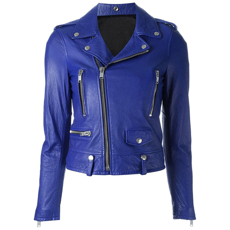 Hailey Baldwin Latest Outfit Blue Brando Biker Jacket on Make a GIF