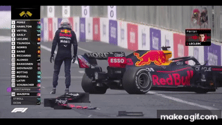 Max Verstappen kicking the punctured tire on his car - Azerbaijan GP (Baku)  on Make a GIF