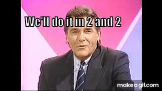 Animated GIF of Chuck Woolery returning during the Back In Two and Two segment on Love Connection