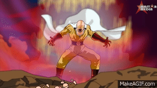 Animated GIF showing a dramatic, intense moment from a fan-made Goku vs. Saitama battle, featuring a hint of blood.