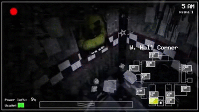 Golden Freddy's iconic jumpscare GIF, depicting the animatronic suddenly appearing in the office, filling the screen with his gaping maw.