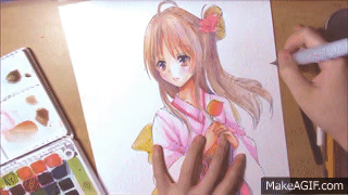 Speed Drawing Anime Girl in Kimono with Fireflies At Night