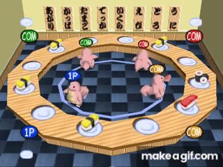 GIF of the Lickitung sushi train minigame in Pokémon Stadium 64.