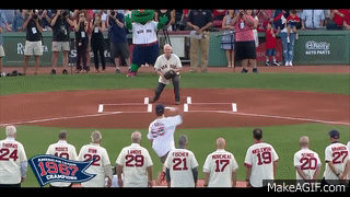 STL/BOS: Ceremonial first pitch FAIL as Jimmy Fund patient hits photographer  in the nuts 8/16/17 on Make a GIF