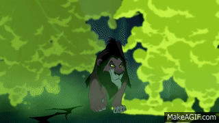 A high-definition shot of Scar singing 'Be Prepared', with hyenas in the background, amidst green smoke.