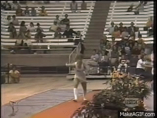 Brian Meeker, a gymnast accidently crashes into the horse on Make a GIF