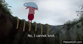 The cartoon character Piglet from Winnie The Pooh saying “No, I cannot knot.”