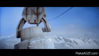 Snowspeeder with tow cable disabling an Imperial AT-AT Walker